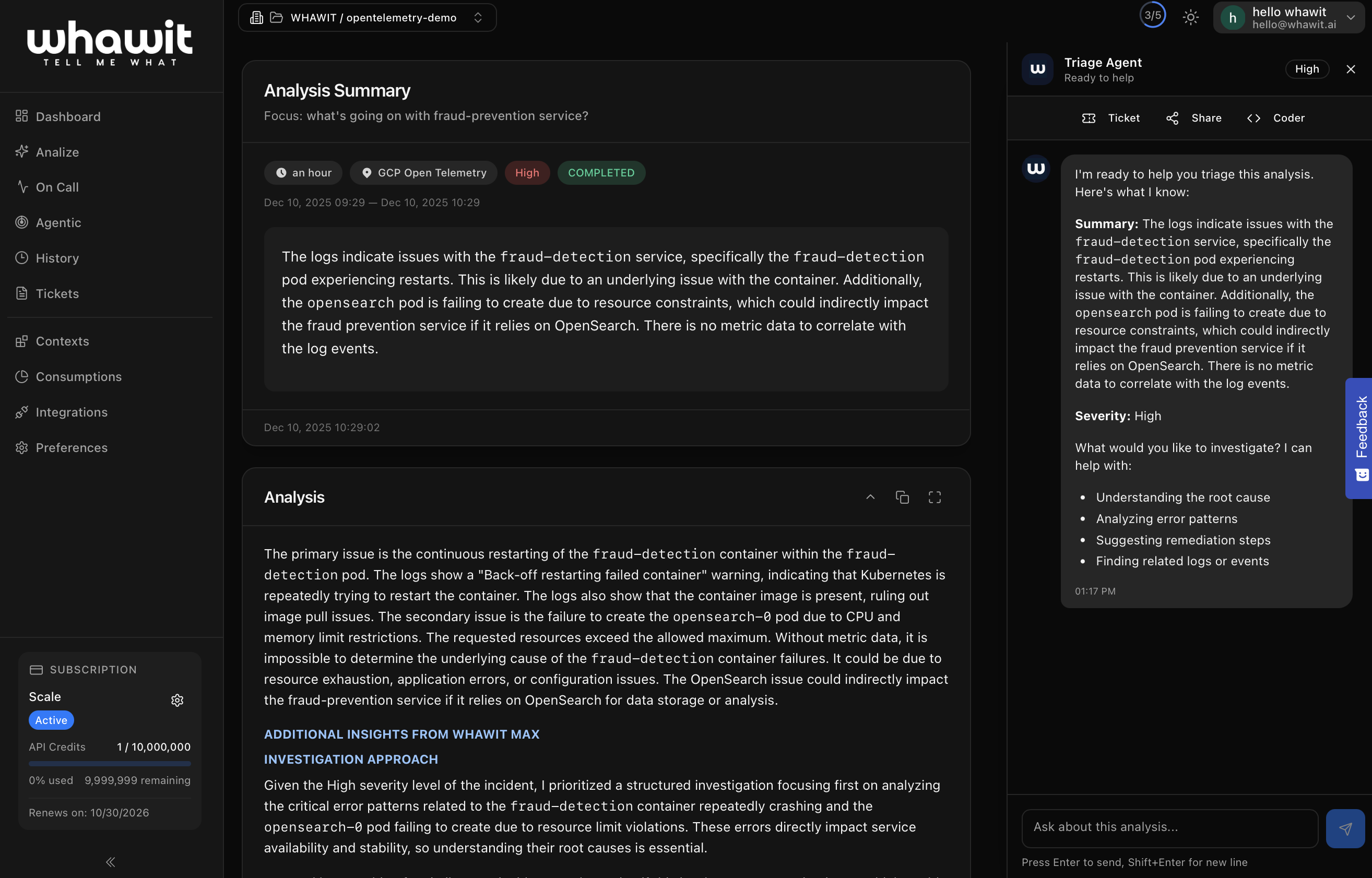 WHAWIT dashboard showing an AI incident investigation with root-cause analysis and evidence